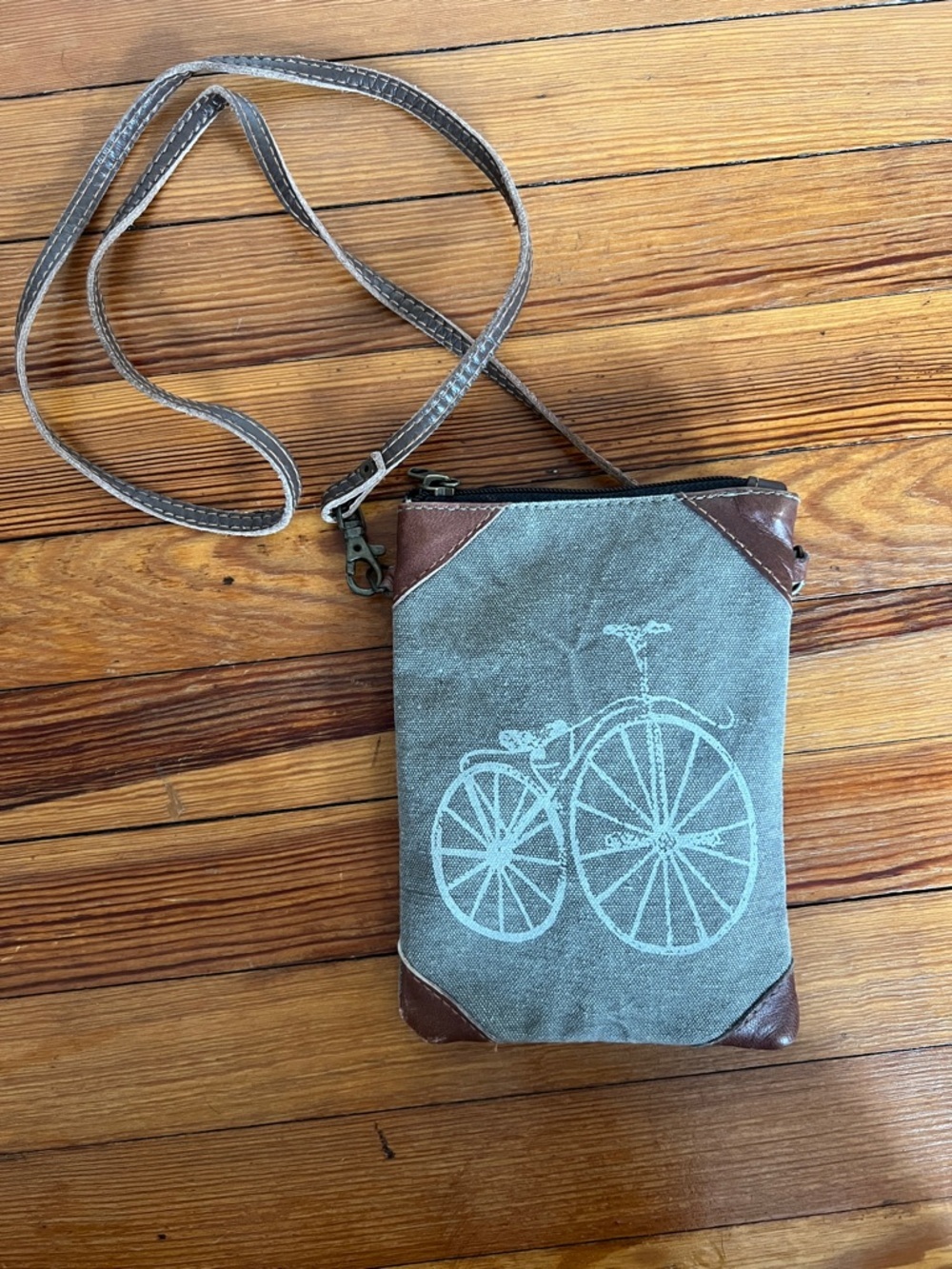 Mona B Upcycled Canvas Bicycle Crossbody Bag Grey Brown Leather Trim